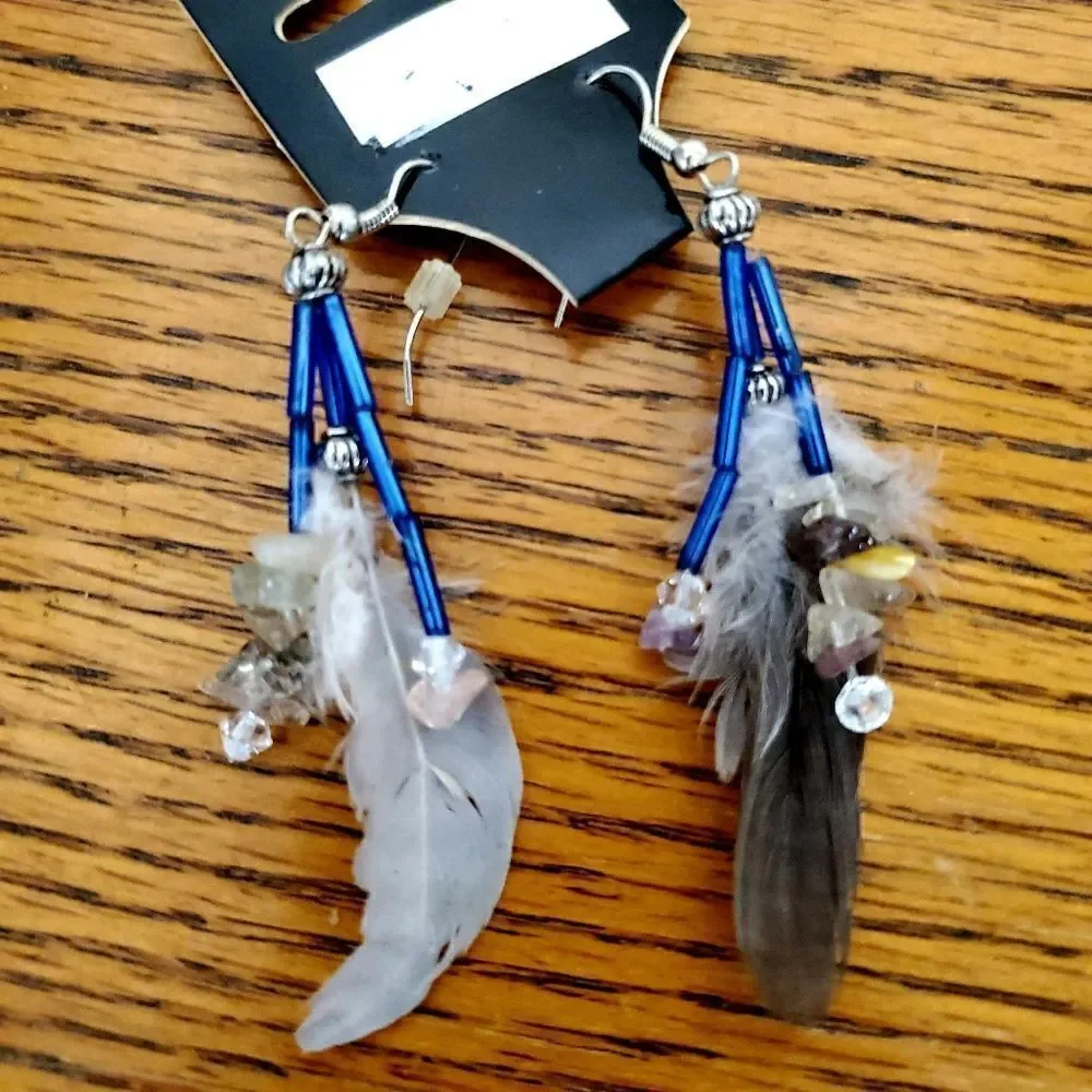 NWT! Artisian handmade feather crystal earrings
